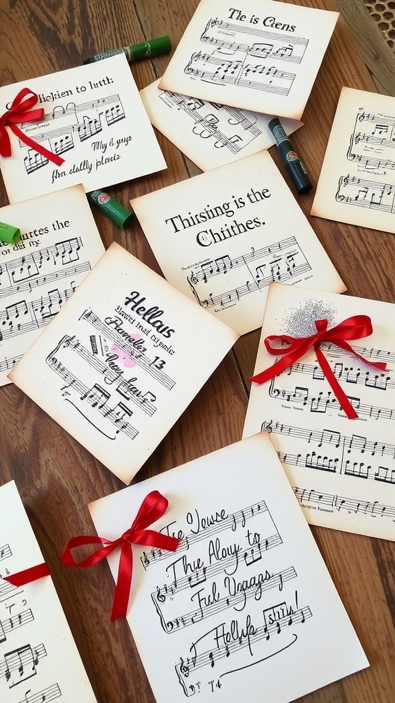Handmade Christmas cards made from music sheets, decorated with colorful messages and embellishments.